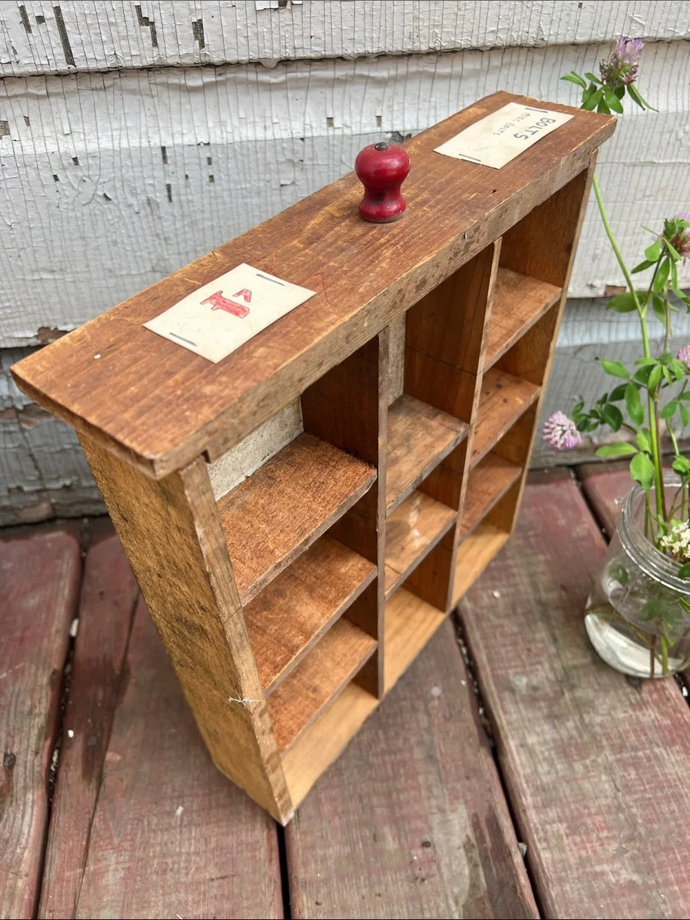 Vintage Handmade letterpress style Wooden Wall Shelf with Red Knob